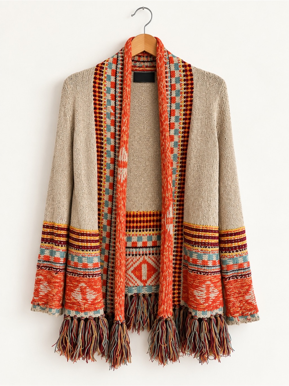 Desigual Beige and Orange Multicolor Fringed Open Cardigan